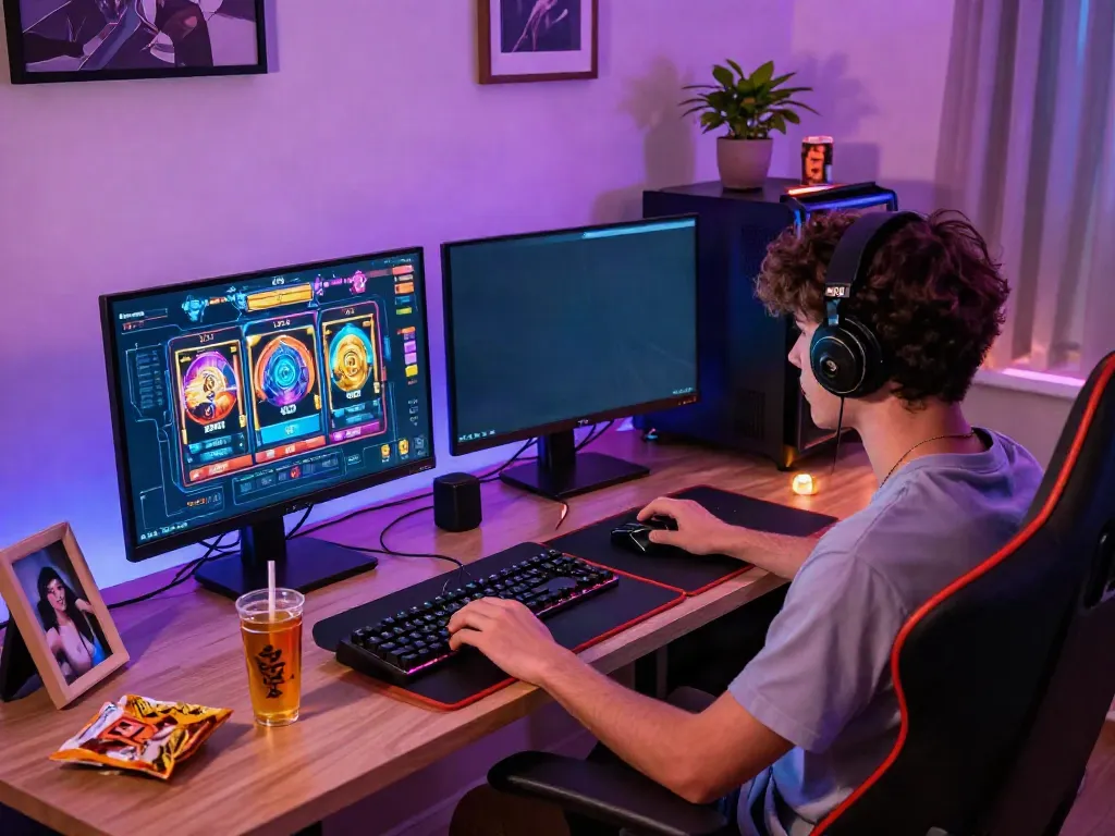Playful scene of a gamer enjoying non gamstop slots on a vibrant home gaming setup, showcasing colorful graphics and immersive atmosphere.