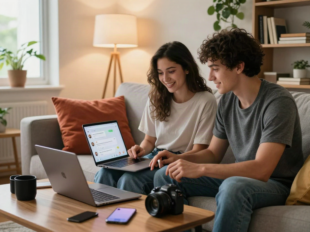 Playful engagement in nsfw ai chat scenario between a couple in a cozy modern living room.