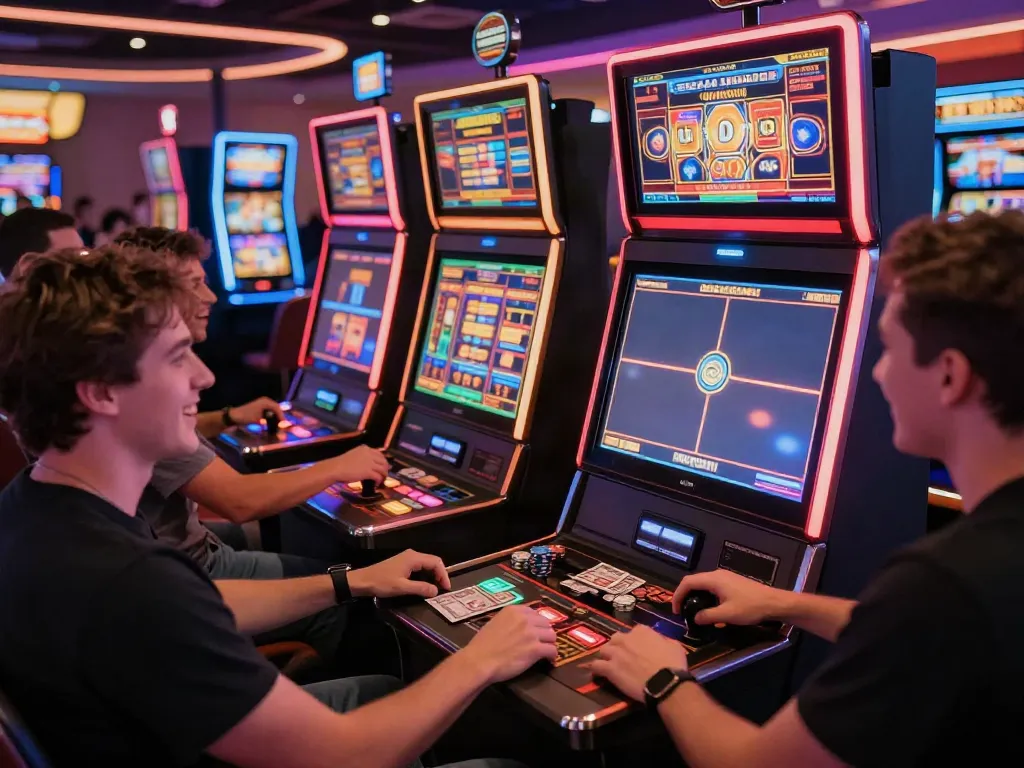 Excited players enjoying non gamstop slots in a vibrant casino atmosphere.