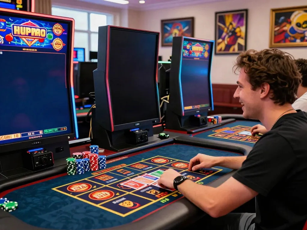 A player enjoying non GamStop slots at a vibrant online casino, showcasing excitement and a colorful gaming setup.
