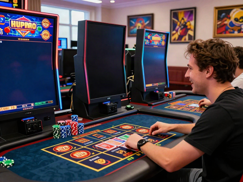 A player enjoying non GamStop slots at a vibrant online casino, showcasing excitement and a colorful gaming setup.