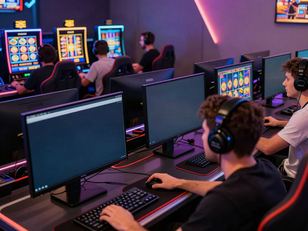 Players immersed in online gaming featuring non gamstop slots in a vibrant casino room.