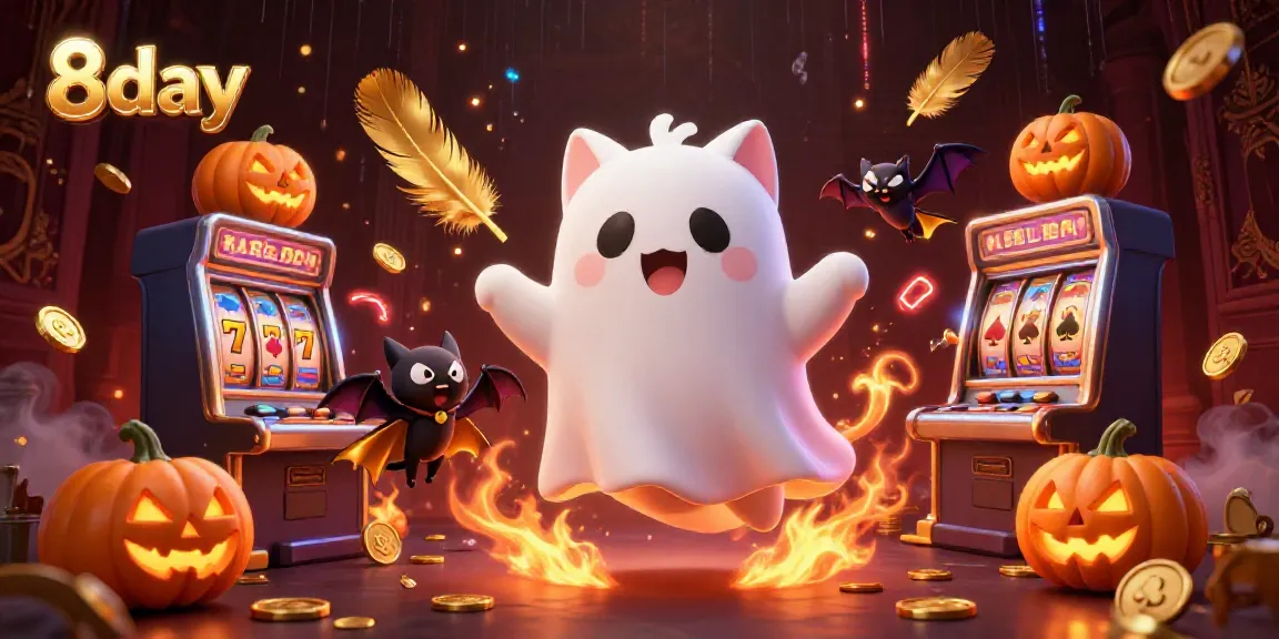 Experience the excitement of 8day casino with a ghost cat and bat in a haunted mansion.