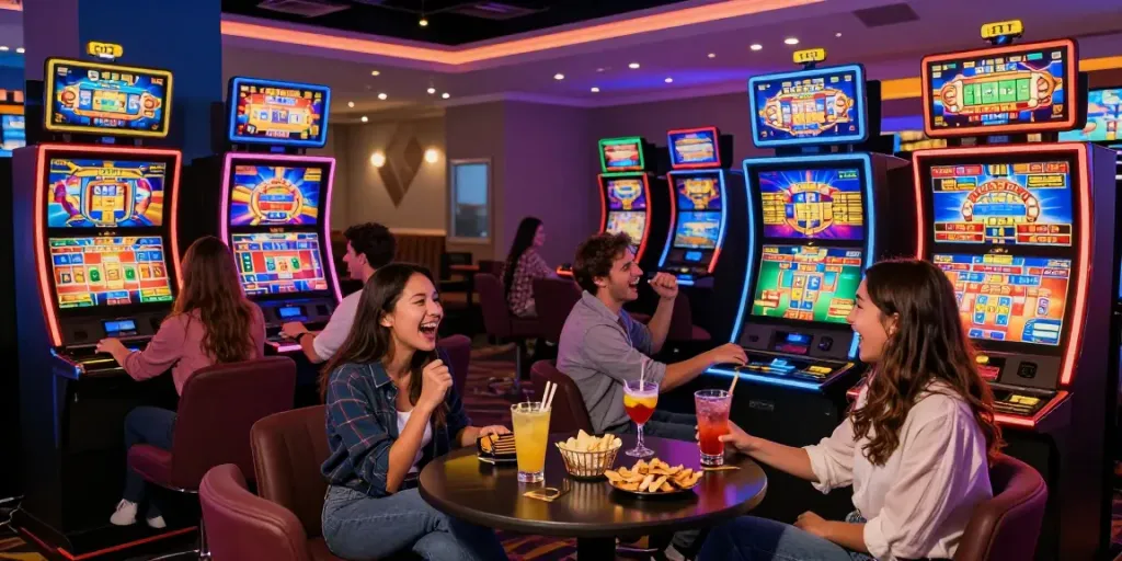 Friends enjoying non gamstop slots in a vibrant casino lounge.