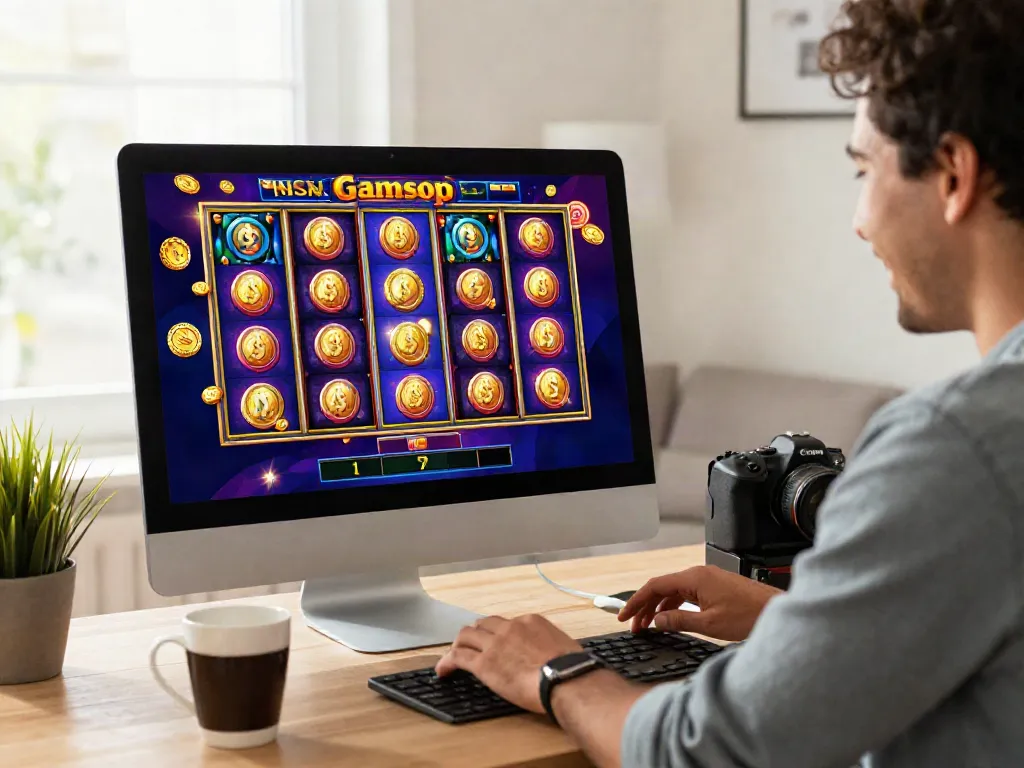 A player enjoying non gamstop slots on a vibrant desktop setup with colorful slot graphics.