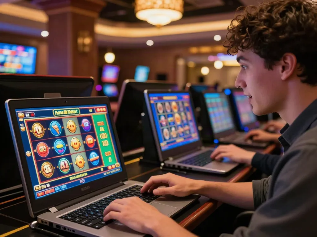 Player enjoying non Gamstop slots on a laptop in inviting virtual casino.