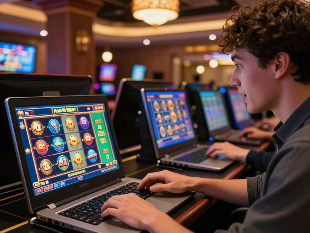 Player enjoying non Gamstop slots on a laptop in inviting virtual casino.
