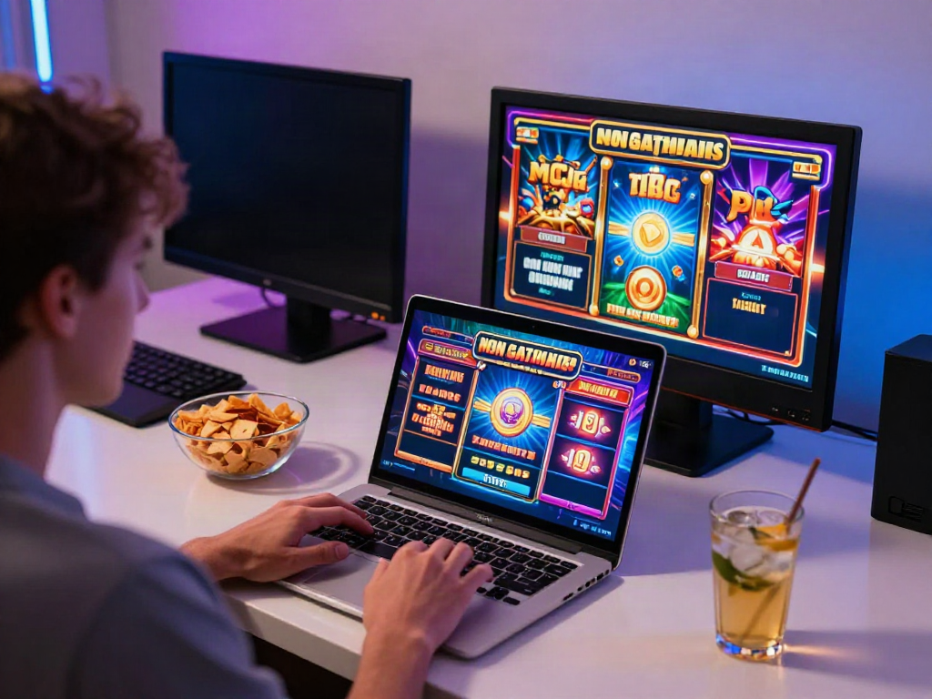 Person playing non gamstop slots at home with colorful gaming setup.