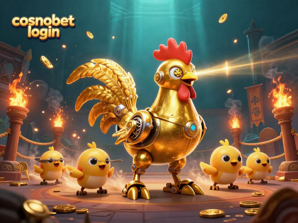 Experience thrilling action with Cosmobet login, featuring golden rooster robot and dynamic gaming elements.