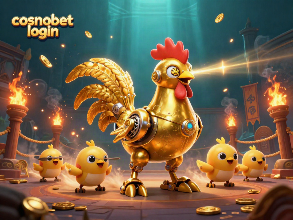 Experience thrilling action with Cosmobet login, featuring golden rooster robot and dynamic gaming elements.