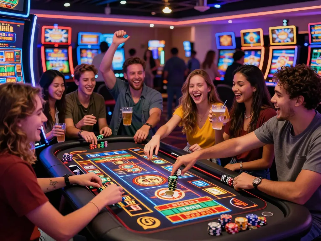 Engaging friends playing non GamStop slots in a vibrant casino atmosphere.