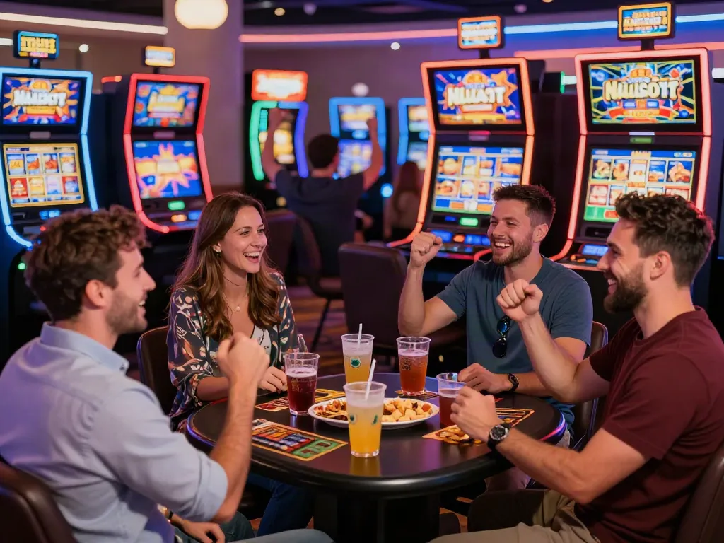 Excited players enjoying non gamstop slots in a vibrant casino atmosphere.