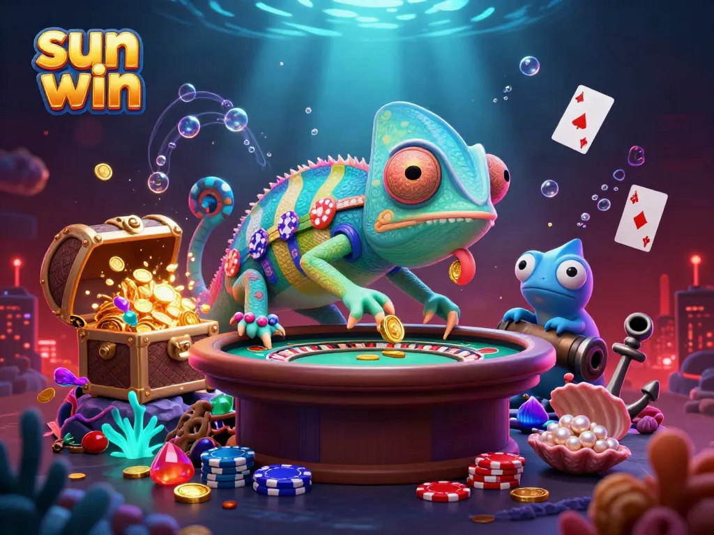 Capture the excitement of sun win with a chameleon casino owner surrounded by vibrant gaming elements.
