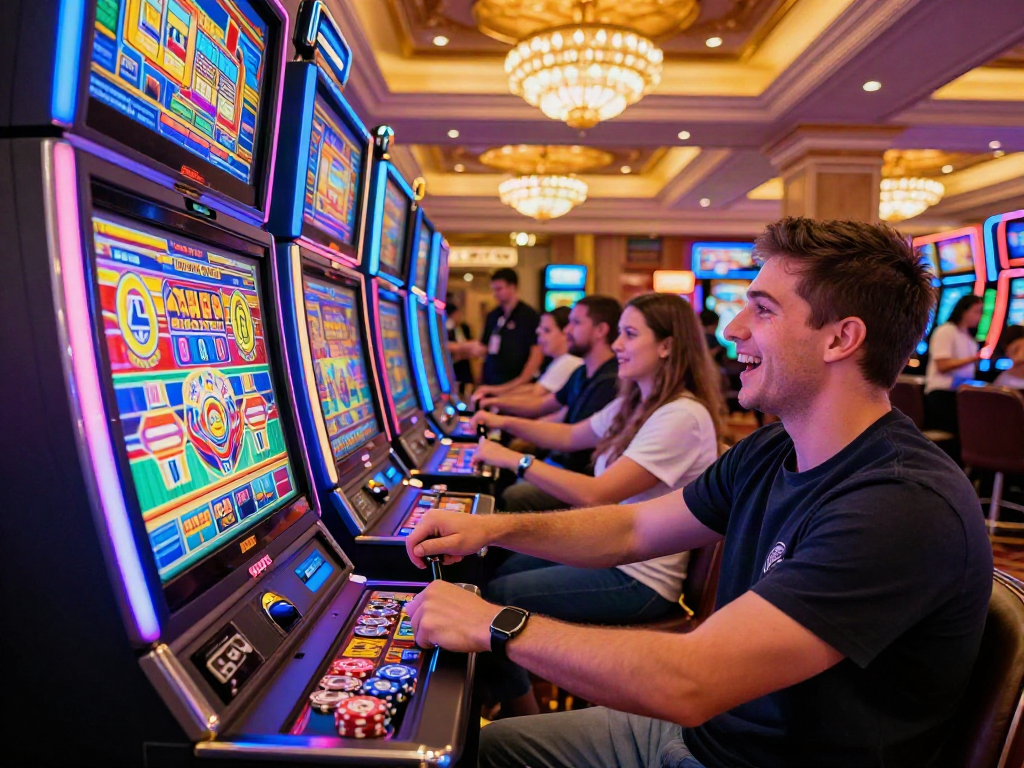 Player engaging with non gamstop slots in a lively casino environment filled with excitement.