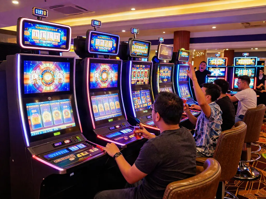 Players enjoying thrilling non gamstop slots at a vibrant casino gaming floor.