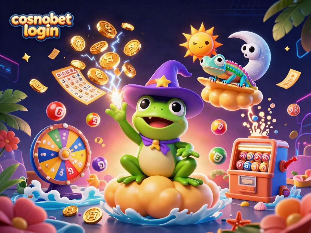 Explore the vibrant cosmobet login scene with a wizard frog, chameleon, and dynamic casino elements.