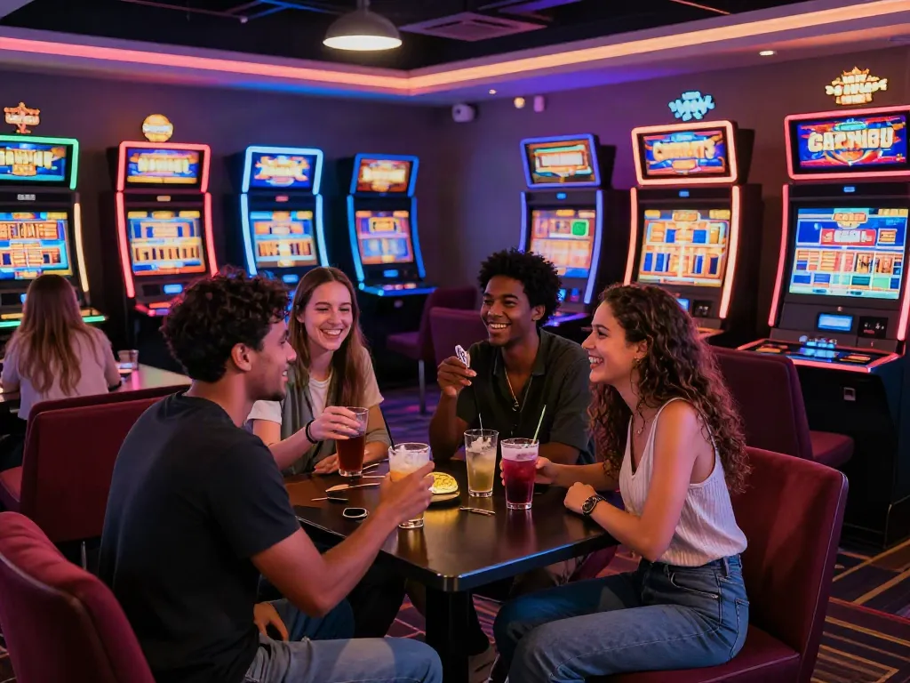 Friends enjoying non gamstop slots in an inviting casino lounge with colorful lights.