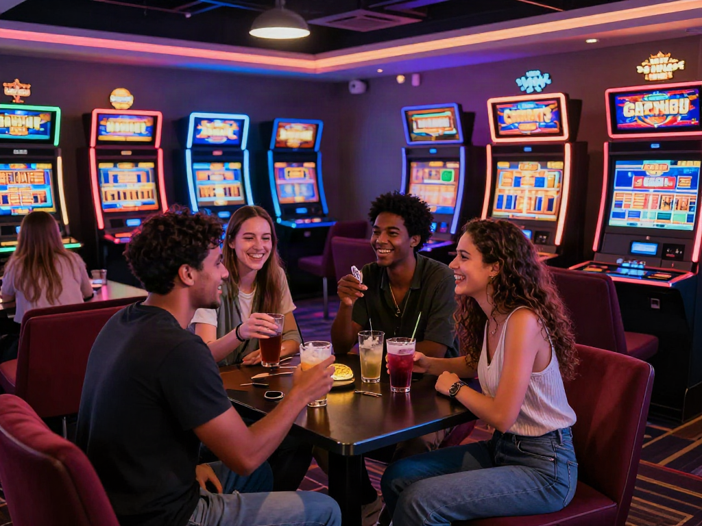 Friends enjoying non gamstop slots in an inviting casino lounge with colorful lights.