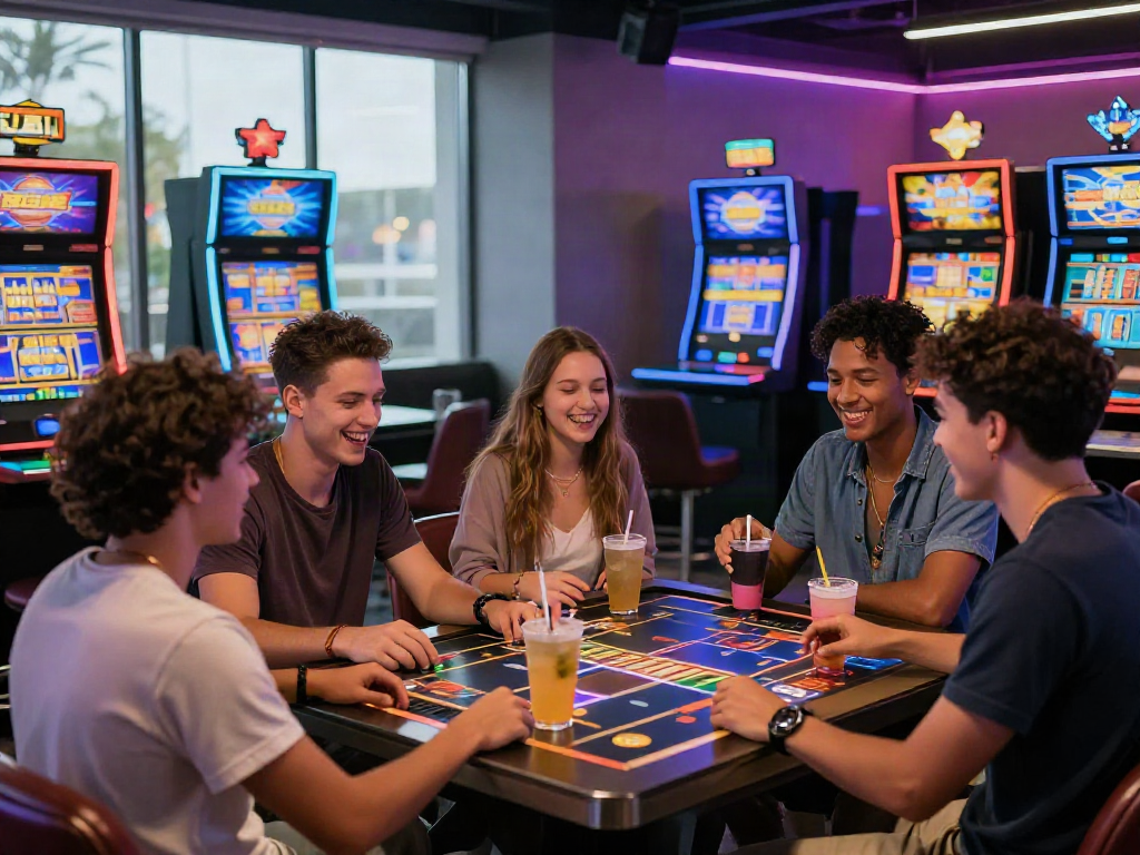 Friends enjoying non gamstop slots at a vibrant casino lounge with colorful machines.