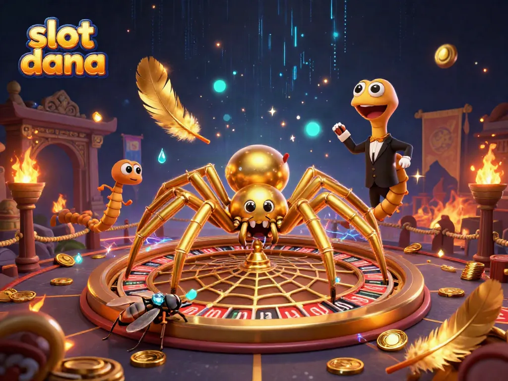 Engaging visual of slot dana action with a golden spider, fly gambler, and centipede croupier amidst a vibrant casino scene.