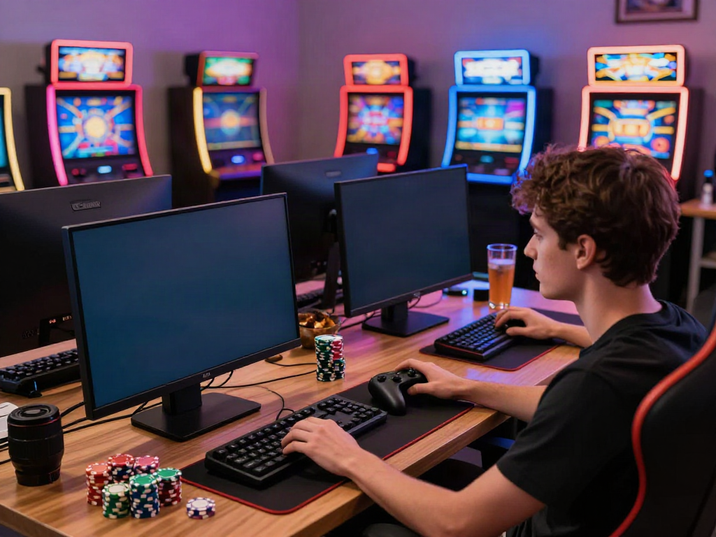 Player enjoying non-GamStop slots in a cozy gaming room.