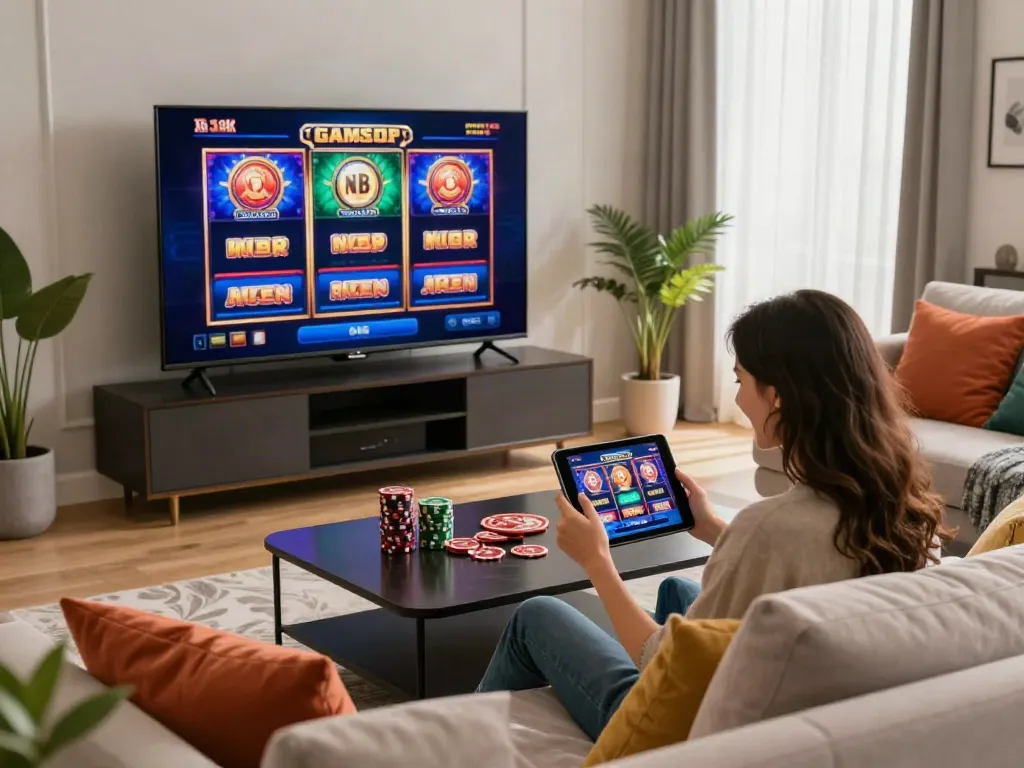 Person enjoying non gamstop slots on a tablet in a cozy living room setting