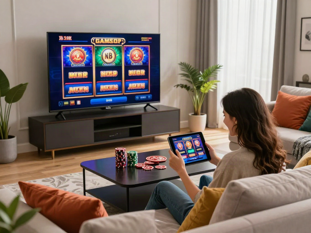 Person enjoying non gamstop slots on a tablet in a cozy living room setting
