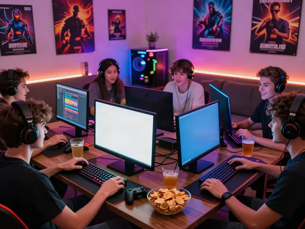 Diverse friends enjoying non gamstop slots together in an immersive gaming room.