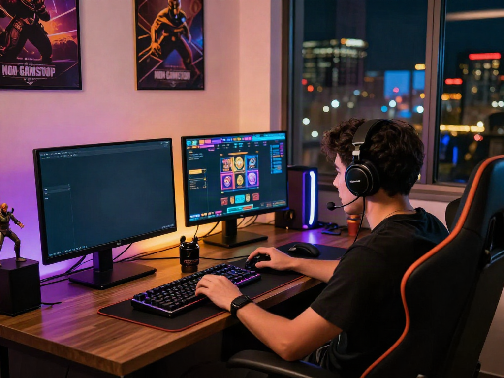 Engaged gamer playing non Gamstop slots in a vibrant gaming setup