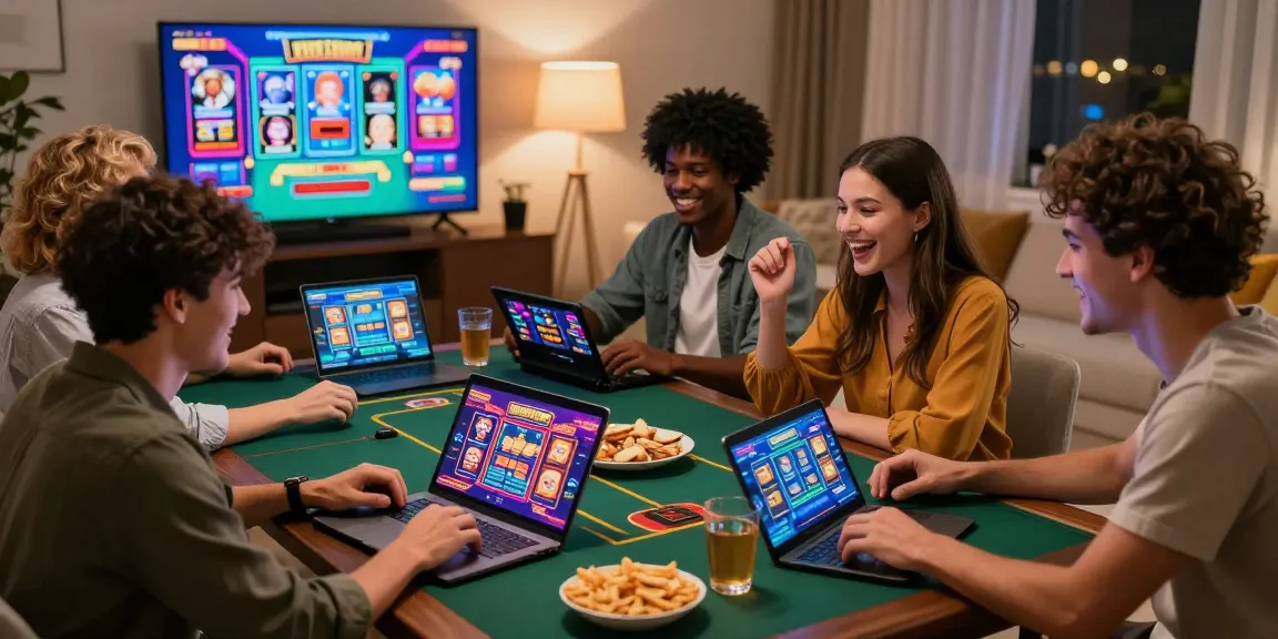 Friends enjoying non gamstop slots games during a lively home game night.