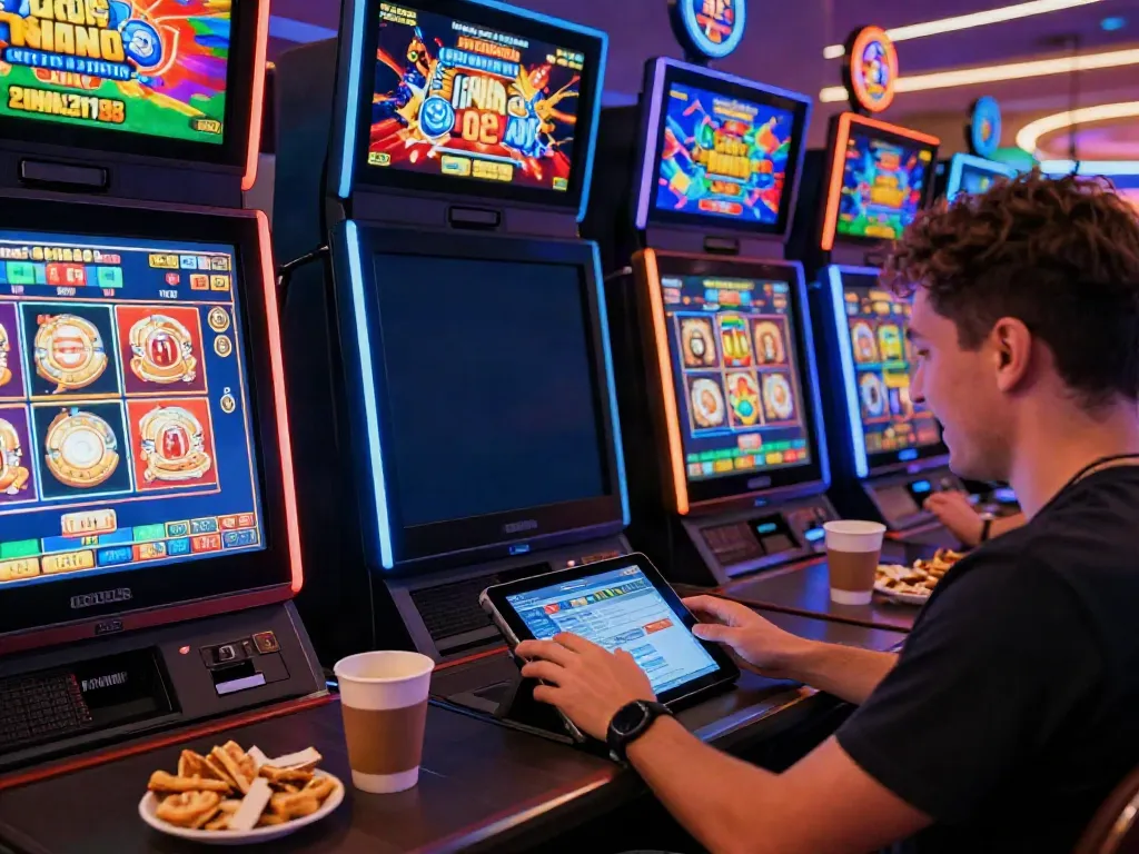 Engaged player enjoying non gamstop slots on a tablet with vibrant graphics and snacks