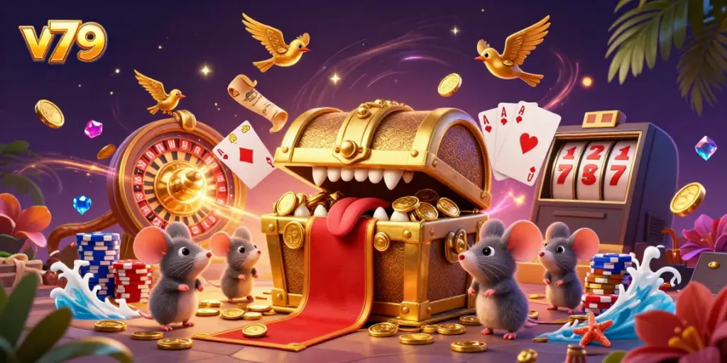 Engage in thrilling gameplay at v79 with a brilliant treasure chest scene filled with golden coins and vibrant casino elements.