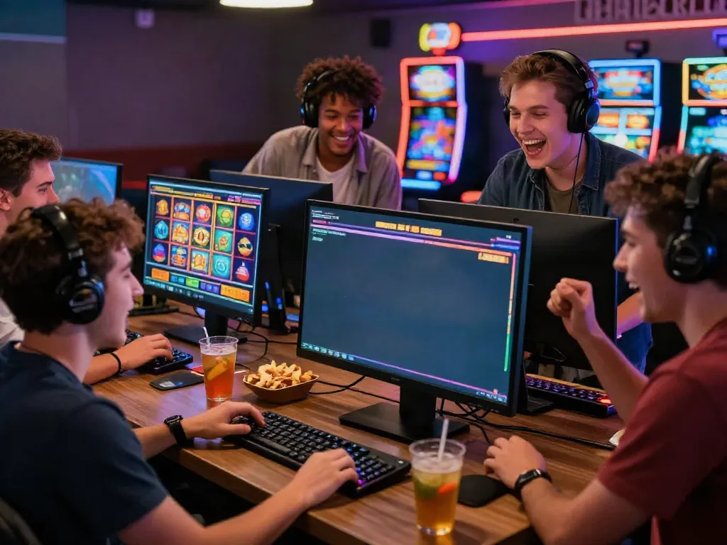 Friends enjoying non gamstop slots at a vibrant online casino gaming setup.