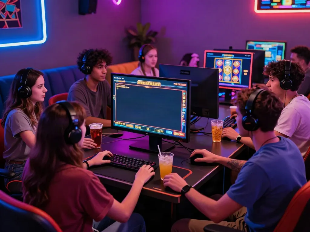 Group of friends enjoying non gamstop slots in a vibrant gaming lounge.