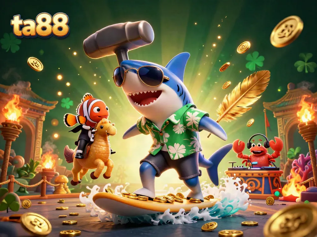 Experience thrilling gaming action with ta88, featuring a shark surfing gold coins amidst a vibrant casino scene.