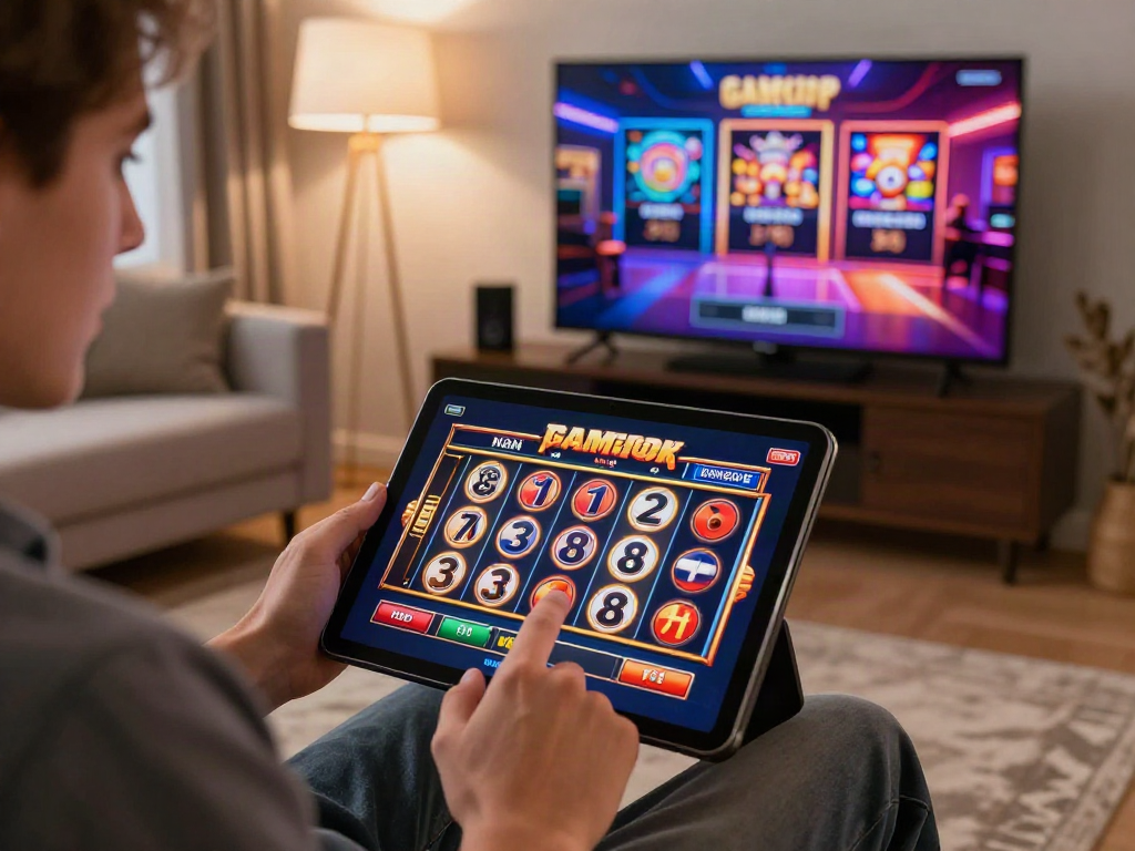 Player enjoying non gamstop slots on a tablet in a cozy living room setting.
