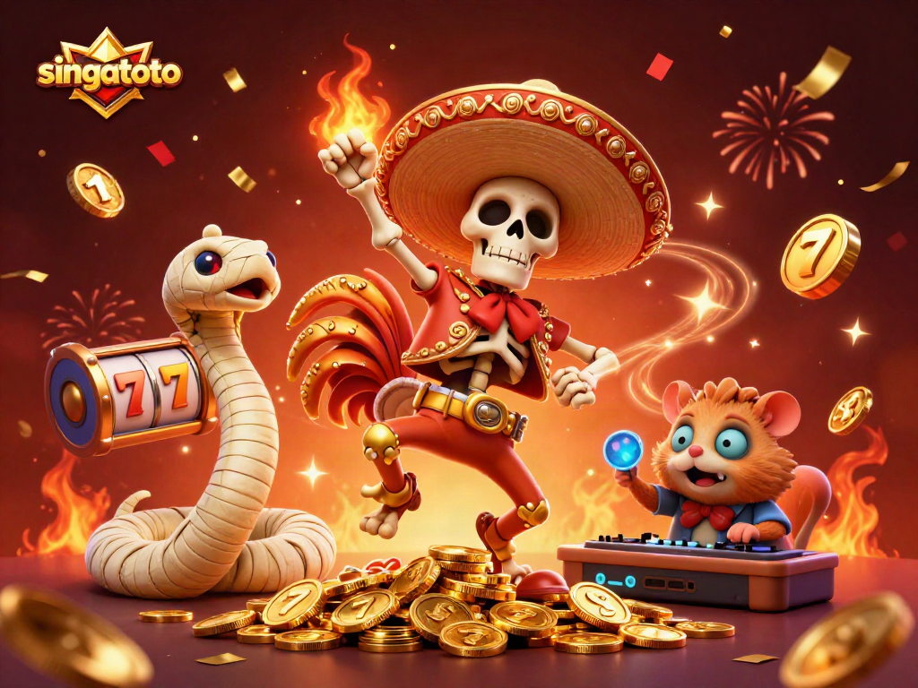 Enjoy an exciting singatoto gaming atmosphere with vibrant casino characters celebrating amidst slot reels and coins.