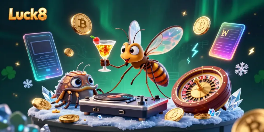 Experience Luck8 with vibrant casino elements including a unique mosquito mascot and golden roulette wheel.