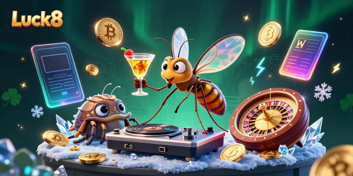 Experience Luck8 with vibrant casino elements including a unique mosquito mascot and golden roulette wheel.