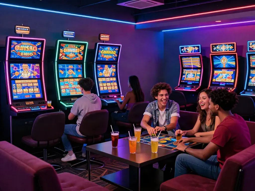 Friends enjoying non gamstop slots in a lively online casino setting, showcasing vibrant slot graphics and a fun atmosphere.