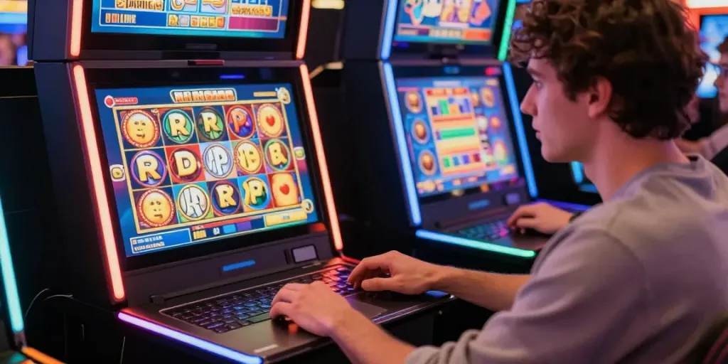 A player enjoying non gamstop slots on a vibrant online casino setup with engaging graphics.