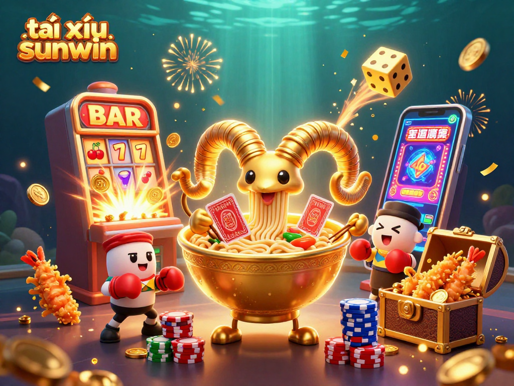 Engage with tài xỉu sunwin as a golden ramen bowl character deals cards amidst a vibrant casino scene.