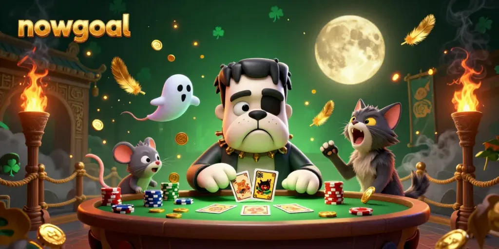 Experience thrilling moments at Nowgoal, where the Frankenstein bulldog monster deals cards surrounded by excitement and golden light.
