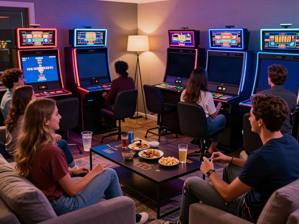 Friends enjoying non gamstop slots in a cozy game night setting.
