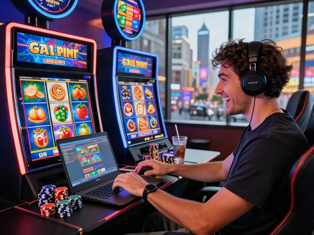 Player enjoying non gamstop slots on a gaming laptop in vibrant casino setting