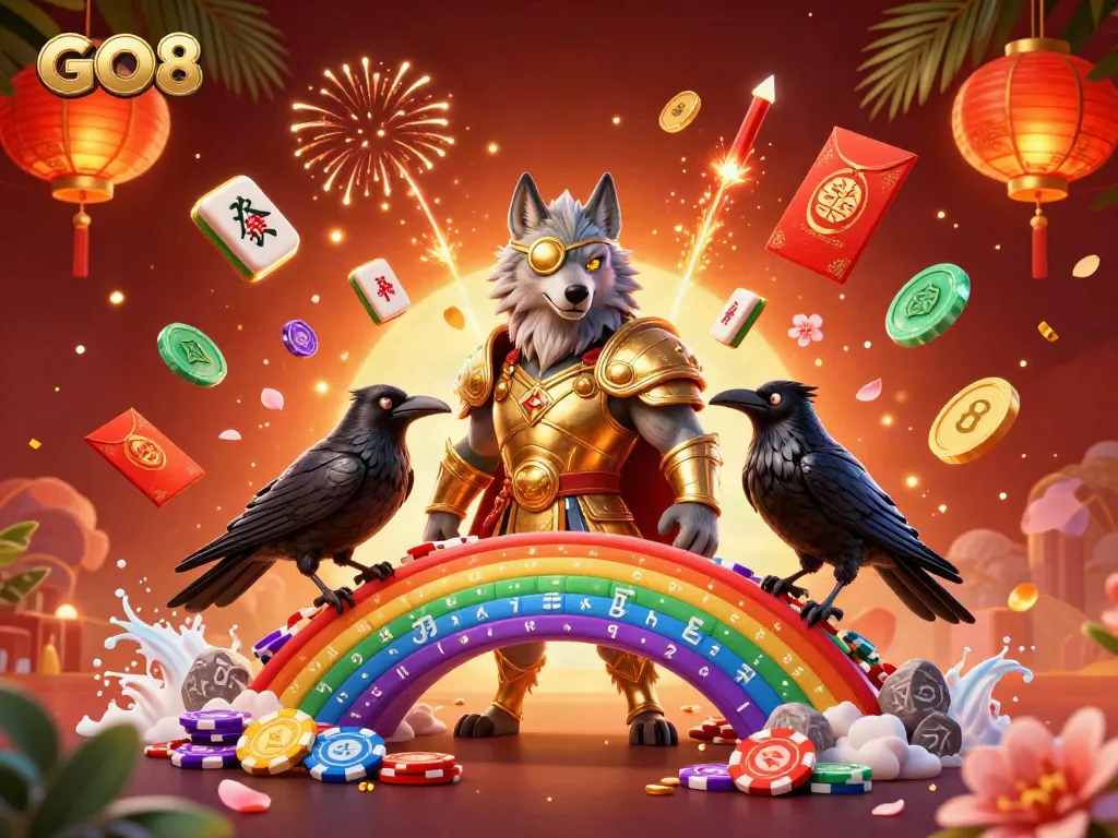 Immerse in the vibrant GO8 world of gaming with dynamic characters and casino elements illustrated in 3D.
