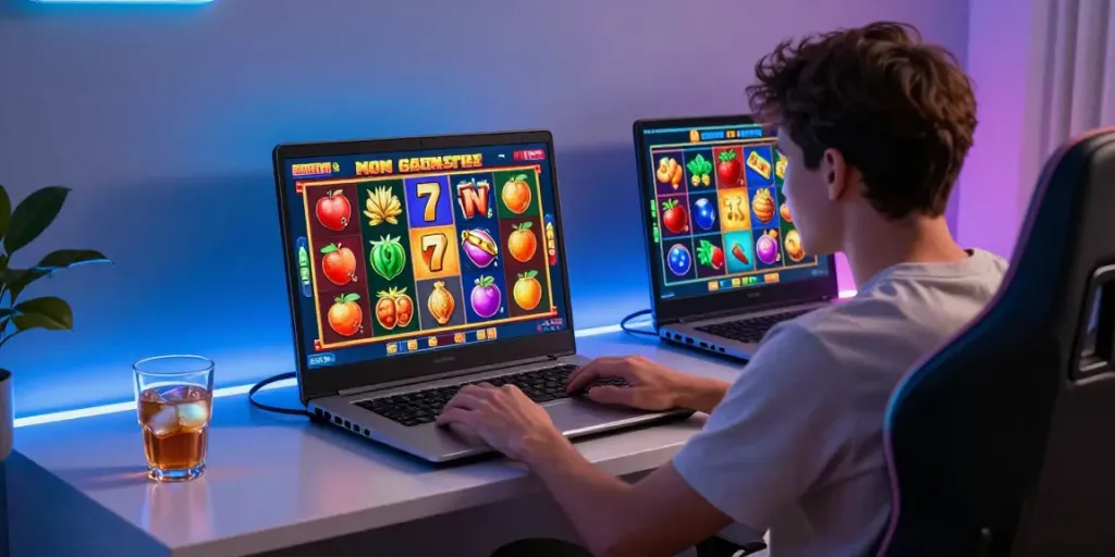 User engaging with non Gamstop slots on a laptop in a chic gaming setup.