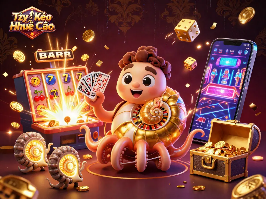 Experience Tỷ lệ Kèo Nhà Cái illustrated with vibrant casino elements featuring a nautilus roulette wheel.