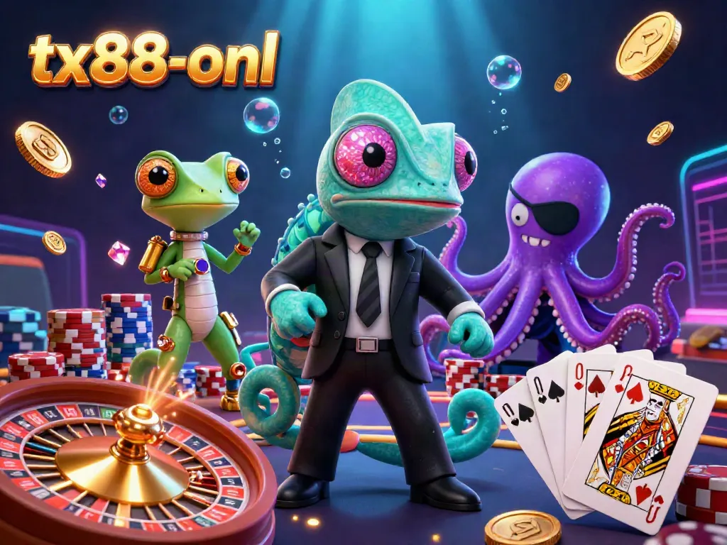 Experience thrilling gaming action at tx88-onl with colorful chameleon, gecko, and octopus amidst dazzling casino elements.