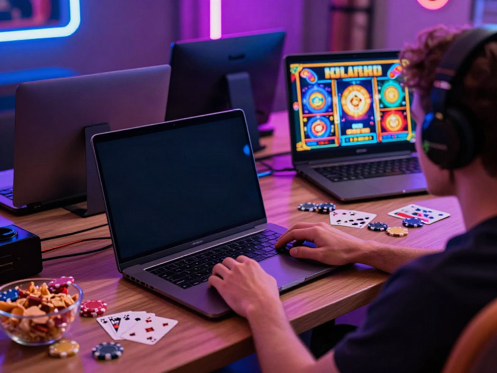 Player engaged in non GamStop slots gaming on a vibrant laptop
